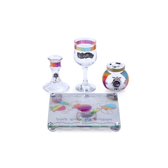 Glass Havdalah Set with Colorful Bands, Hebrew Text and Ornaments