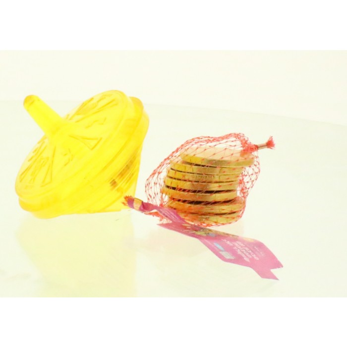 Carmit Yellow Plastic Dreidel with Milk Chocolate Coins