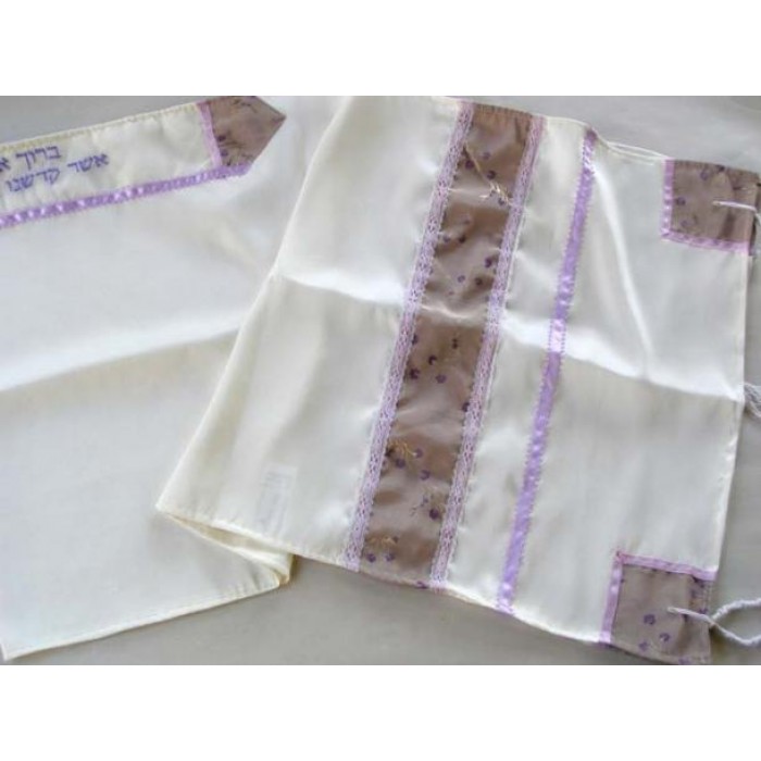 White Women’s Tallit with Flowers and Lilac Ribbon by Galilee Silks