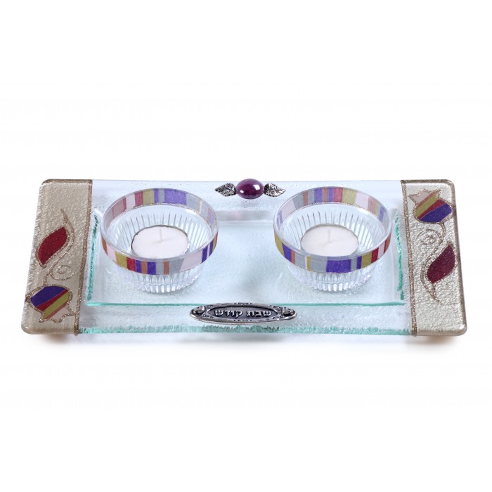 Glass Shabbat Tea Candle Set with Multi-colored Stripes and Flowers