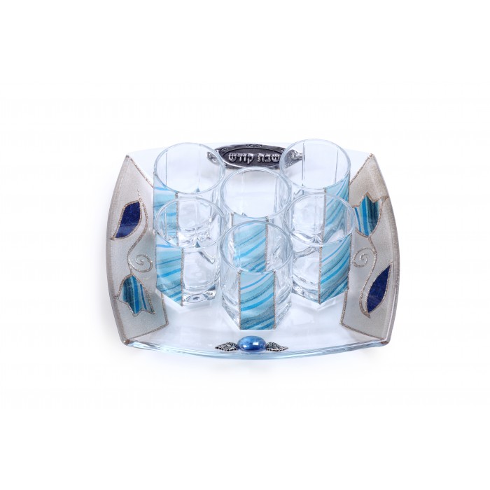 Glass Wine Cup Set with Tray, Six Cups and Blue Striped Flowers 