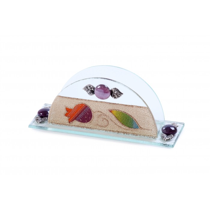 Glass Napkin Holder for Shabbat, Rainbow Pomegranate with Purple Beads