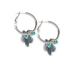 Silver Plated Hoop Earrings with Flower Charms and Turquoise Beads