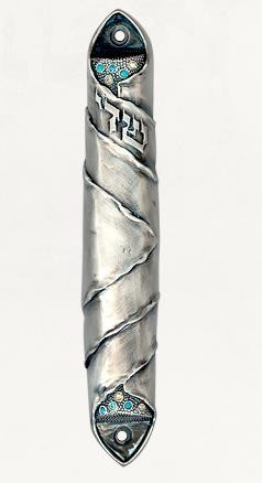 Silver Mezuzah with Wrapped Design, Hebrew Text and Swarovski Crystals