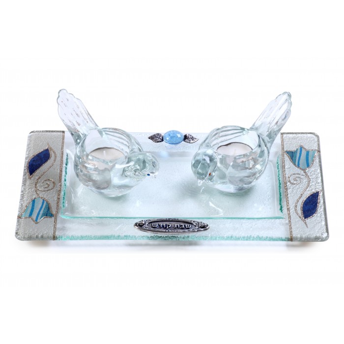 Glass Bird-Shaped Shabbat Candlesticks with Blue Flowers and Tray