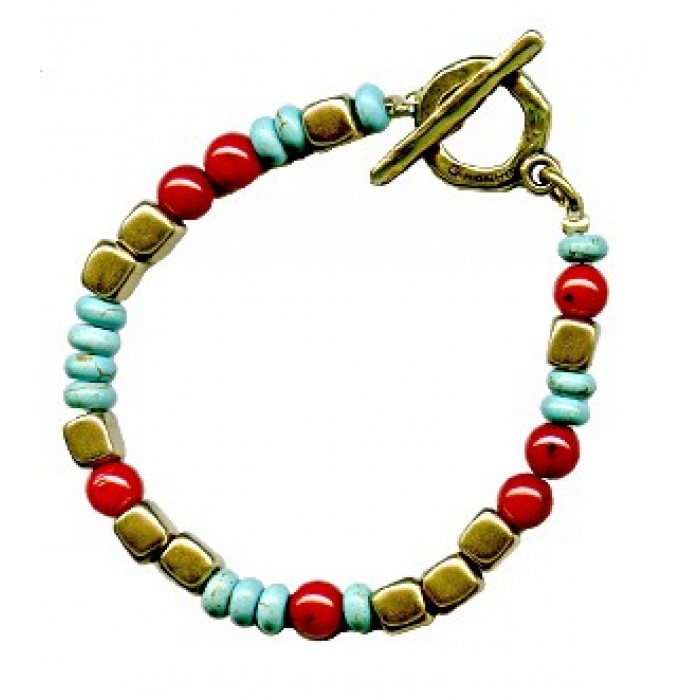 Red, Gold and Turquoise Beaded Bracelet