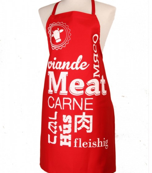 Red Meat Apron with White Text and Multiple Languages by Barbara Shaw