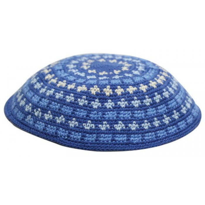 Blue DMC Knitted Kippah with Beige and Blue Geometric Shapes