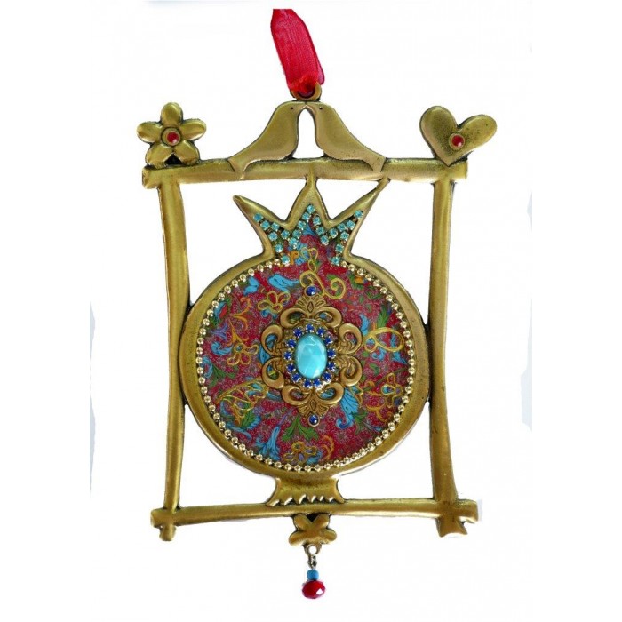 Wall Hanging of Pomegranate with Framed Blue Stone and Multi-Colored Design