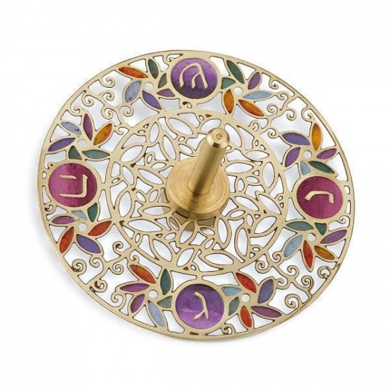 Brass Dreidel with Multi-colored Leaves, Circles and Hebrew Text