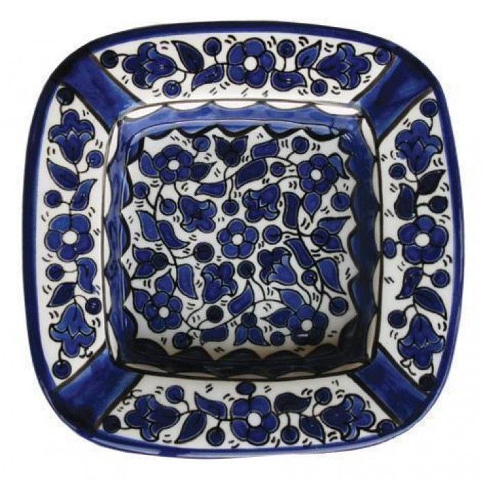 Armenian Ceramic Rounded Square Ashtray with Blue Anemones Flower Motif 