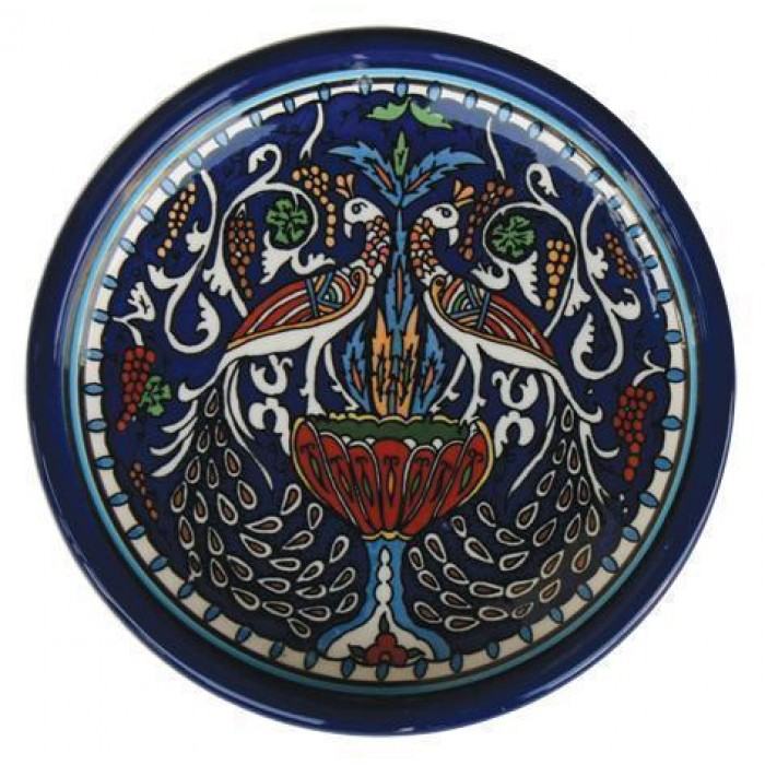 Armenian Ceramic Bowl with Colorful Grape & Peacock Motif 