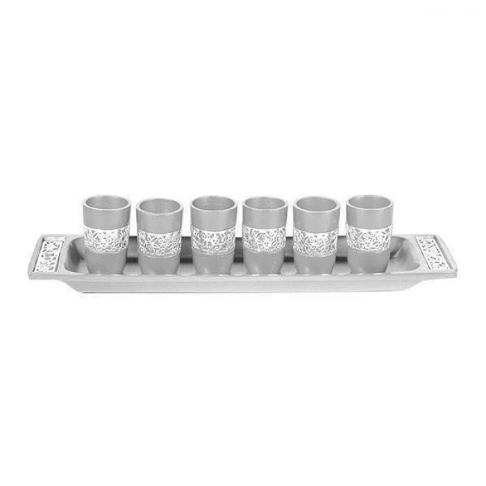 Silver Kiddush Cups & Tray with Lace Metal Cutouts- Yair Emanuel