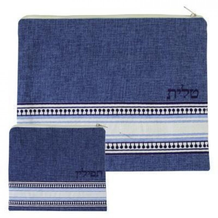 Tallit & Tefillin Bags Set in Blue Linen with Stripes