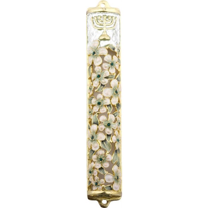Mezuzah with Flowers and Menorah in Gold & Ivory
