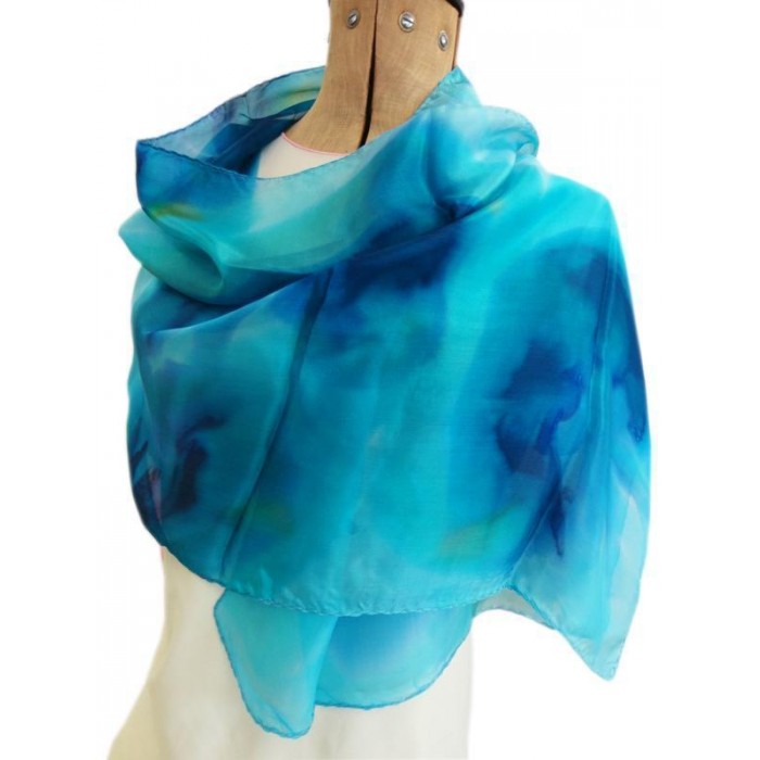 Silk Scarf in Turquoise and Indigo Coiling Print by Galilee Silks