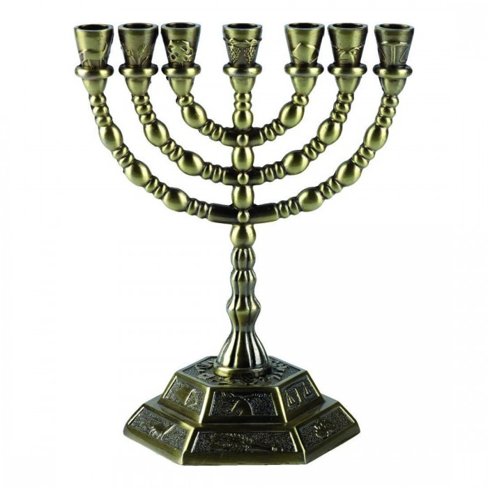 Y. Karshi Brass-Plated Twelve Tribes Seven-Branched Menorah With Spherical Design
