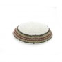 17cm White Knitted Kippah with Green and Brown Stripes