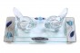 Glass Bird-Shaped Shabbat Candlesticks with Blue Flowers and Tray