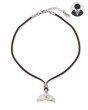 Necklace with Whale Tail Pendant in Silver and Brown Leather Chain
